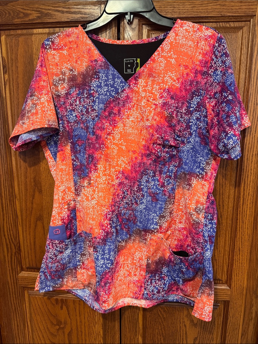 Cherokee V-Neck Scrub Top in Vibrant Orange & Blue